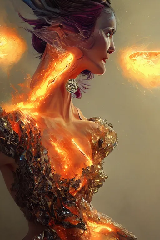 Image similar to torso closeup model wearing exploding fire crystal dress, jewels sorcerer, diamonds, angel, fantasy, dramatic lighting, highly detailed, digital painting, holding electricity, magic the gathering, hyper detailed, 3 d render, hyper realistic detailed portrait, peter mohrbacher, wlop, ruan jia