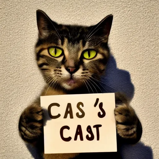 Prompt: realistic high quality photo of a cute cat holding a sign with text that reads : drean caaats, cats, cas