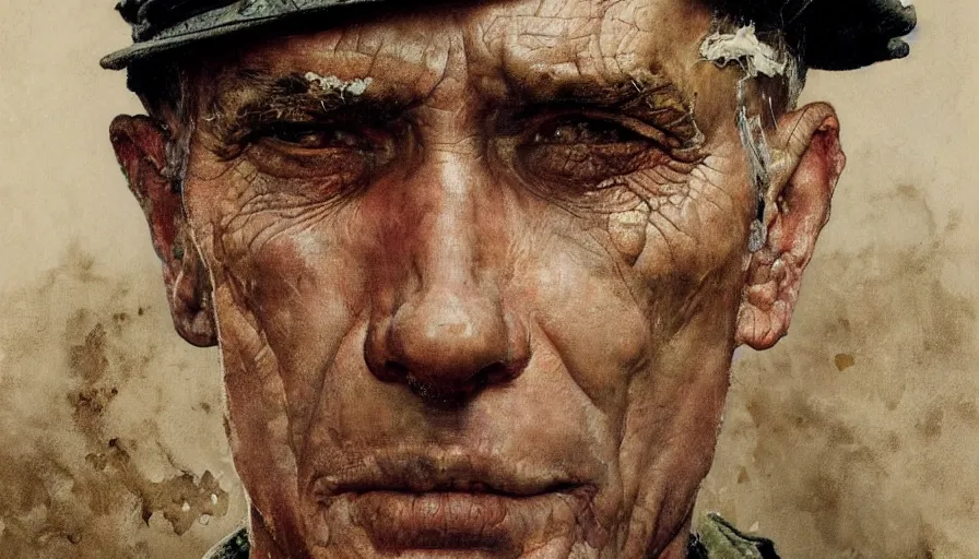 Image similar to norman rockwell, andrew wyeth, portrait of an soldier, close up of the face, paint texture, low contrast, highly detailed, sharp focus, digital painting, concept art, illustration, trending on artstation, portrait by greg rutkowski