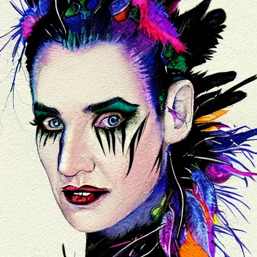 Image similar to detailed colorful watercolor of jennifer connelly as odile the black swan, disney villain, black feathers instead of hair, black feathers growing out of skin, shapeshifting, black feathers growing out of face, floating in zero gravity on spacecraft, science fiction, highly detailed, comic book cover, mike mignogna, david mack, trending on artstation
