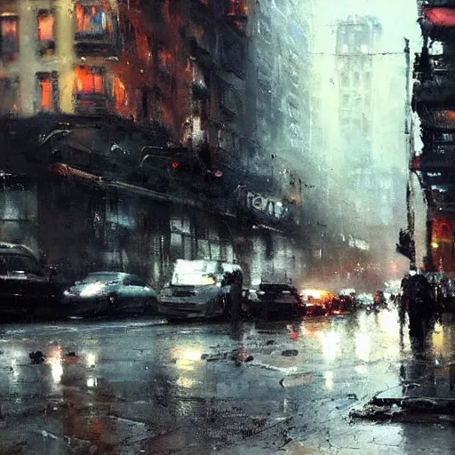 Image similar to cityscape painted by jeremy mann, street - level, dripping oil paint, highly detailed, high resolution