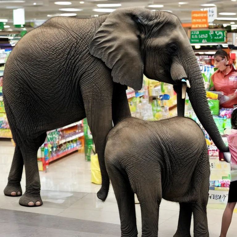 Prompt: An elephant patiently waiting in line at the supermarket