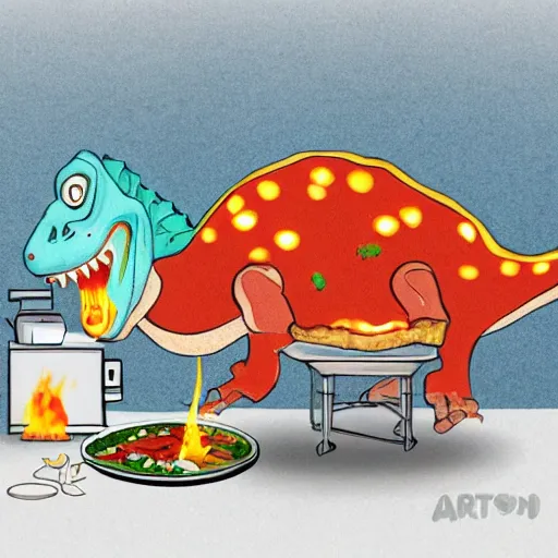 Prompt: a dinosaur cooking pizza, trend in artstation, hdr