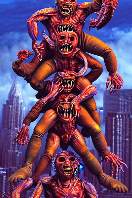 Prompt: a hyperrealistic painting of iron maidens eddie an epic boss fight against money devouring democratic politician demons, cinematic horror by chris cunningham, lisa frank, richard corben, highly detailed, vivid color,