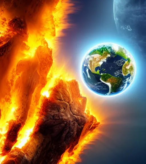 Prompt: Powerful titan, destroying earth, everything in fire, realistic photo, high detailed