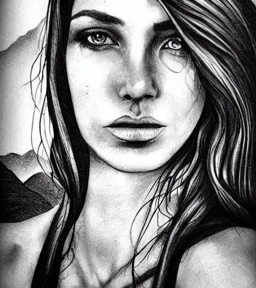 Image similar to amazing blend effect of a beautiful woman face next to amazing mountain scenery, tattoo design sketch, hyper - realistic, in the style of matteo pasqualin, amazing detail, black and white