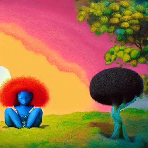 Image similar to a black girl with a colorful afro and big colorful eyes meditating in an african zen garden at sunset, bright colours, bokeh!!, watercolor, volumetric wool felting, macro photography, children illustration, by goro fujita