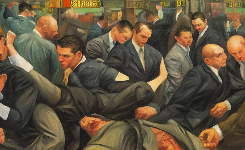Image similar to Oil painting of mens in newyork stock exchange trading floor bearish markets droped fighting each other by Lucian Freud, Abstract brush strokes, Masterpiece, Edward Hopper and James Gilleard, Zdzislaw Beksinski, Mark Ryden, Wolfgang Lettl highly detailed, hints of Yayoi Kasuma