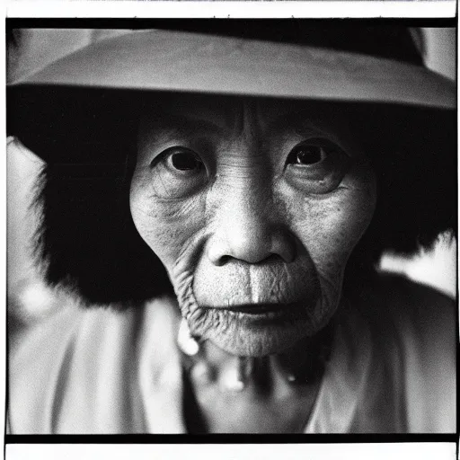 Image similar to photo of Mui Yim Fong by Diane Arbus, extreme closeup, black and white, high contrast, Rolleiflex, 55mm f/4 lens