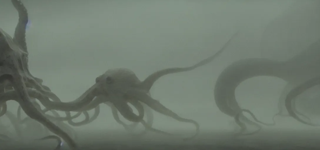 Prompt: an octopus trapped in a bottle, foggy, cinematic shot, photo still from movie by denis villeneuve, wayne barlowe