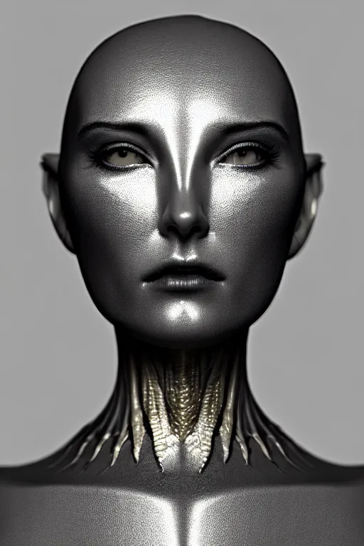 Image similar to bw contrasted close - up profile face, black background, beautiful young porcelain vegetal - dragon - cyborg - female, 1 5 0 mm, beautiful natural soft rim light, silver gold details, magnolia leaves and stems, roots, mandelbot fractal, elegant, ultra detailed, white metallic armour, octane render, h. r. giger style