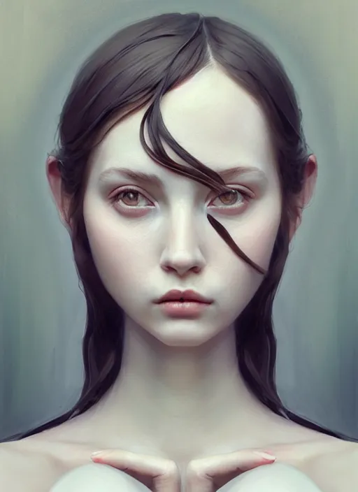 Prompt: realistic tender sweet portrait of a wonderful symmetrical proportionate woman she has a cinematic bizzarre makeup, symmetrical eyes, portrait photography, trending on artstation, characterdesign, sharp focus, art by ruan jia, ghibli, elena shumilova, leah robinson