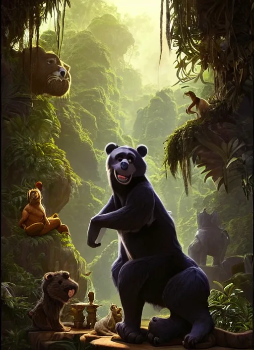 Image similar to baloo from the jungle book ( 1 9 6 7 ), d & d, fantasy, intricate, elegant, highly detailed, digital painting, artstation, concept art, matte, sharp focus, illustration, hearthstone, art by artgerm and greg rutkowski and alphonse mucha