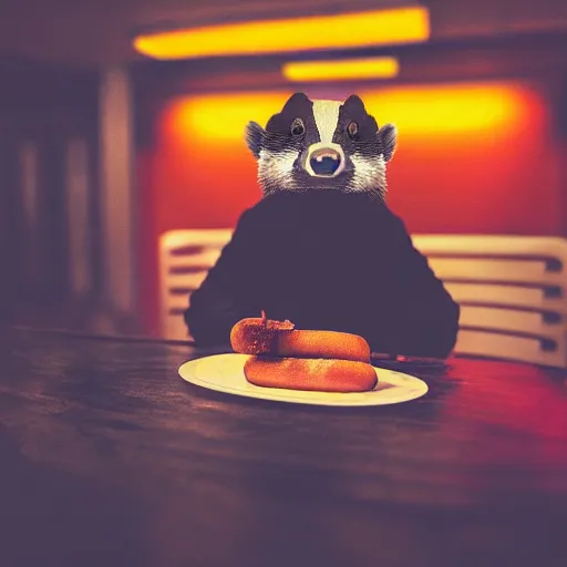 Prompt: photo of a badger eating a hot dog, dynamic lighting, high contrast