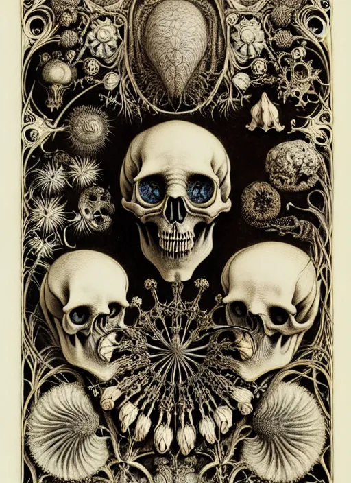 Image similar to art forms of nature by ernst haeckel, memento mori by arthur rackham, ornate antique porcelain beautiful skull mask, ultrasharp, photorealistic, hyperdetailed, octane render, polished, art nouveau, neo - gothic, gothic, intricate ornamental organic filigree, art nouveau botanicals, art forms of nature by ernst haeckel, horizontal symmetry, symbolist, visionary