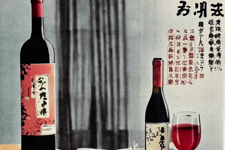 Prompt: wine bottle and glass and rose on table, 1 9 7 0 s japan shouwa advertisement, print, nostalgic