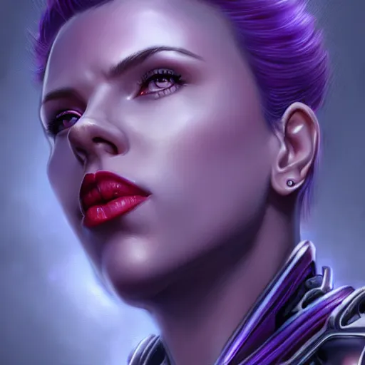 Image similar to scarlett johansson as thanos, feminine beautiful muscular fitness model wearing armor, dark purple skin, red lips, very strong jaw, pin up, attractive, highly detailed upper body portrait, pretty face, elegant, breathtaking art, concept art, by artgerm and ilya kuvshinov