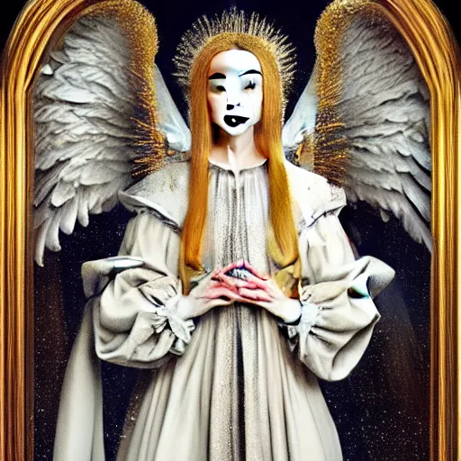 Image similar to highdetailed hyperrealistic painting of white angel!!! no gender smiling noface!!!, light instead of hands, white sparkles everywhere, 4 k hd face!!!, big silver high detailed wings!!!, renaissance, by jan van eyck, holography space, glow effect, large strokes, monochrome!!!!!