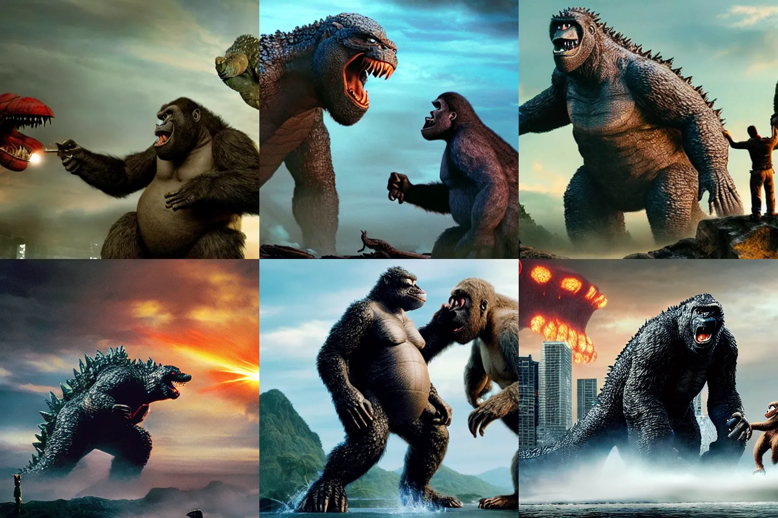Prompt: Godzilla versus King Kong, pixar movie, production still