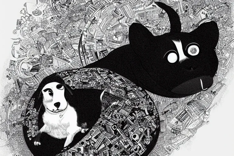 Image similar to cute black and white jack russel terrier laying on dog bed, large round eyes, concept art, fantasy illustration, sketch by victo ngai and diego gisbert llorens