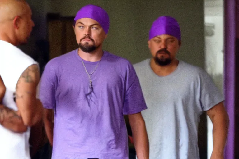 Image similar to medium full shot of leonardo dicaprio as a gang member wearing a purple head covering made from a polyester or nylon material and a stained white tank top caught doing crack inside a detroit gang trap house, arms covered in gang tattoo, paparazzi, leaked footage, uncomfortable, bad quality