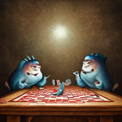 Image similar to two fishes sitting at a table playing cards, at the bottom of the sea, the table has a checkered table cloth, hyperdetailed, cinematic light, lowbrow surrealistic, in the style of mark ryden,