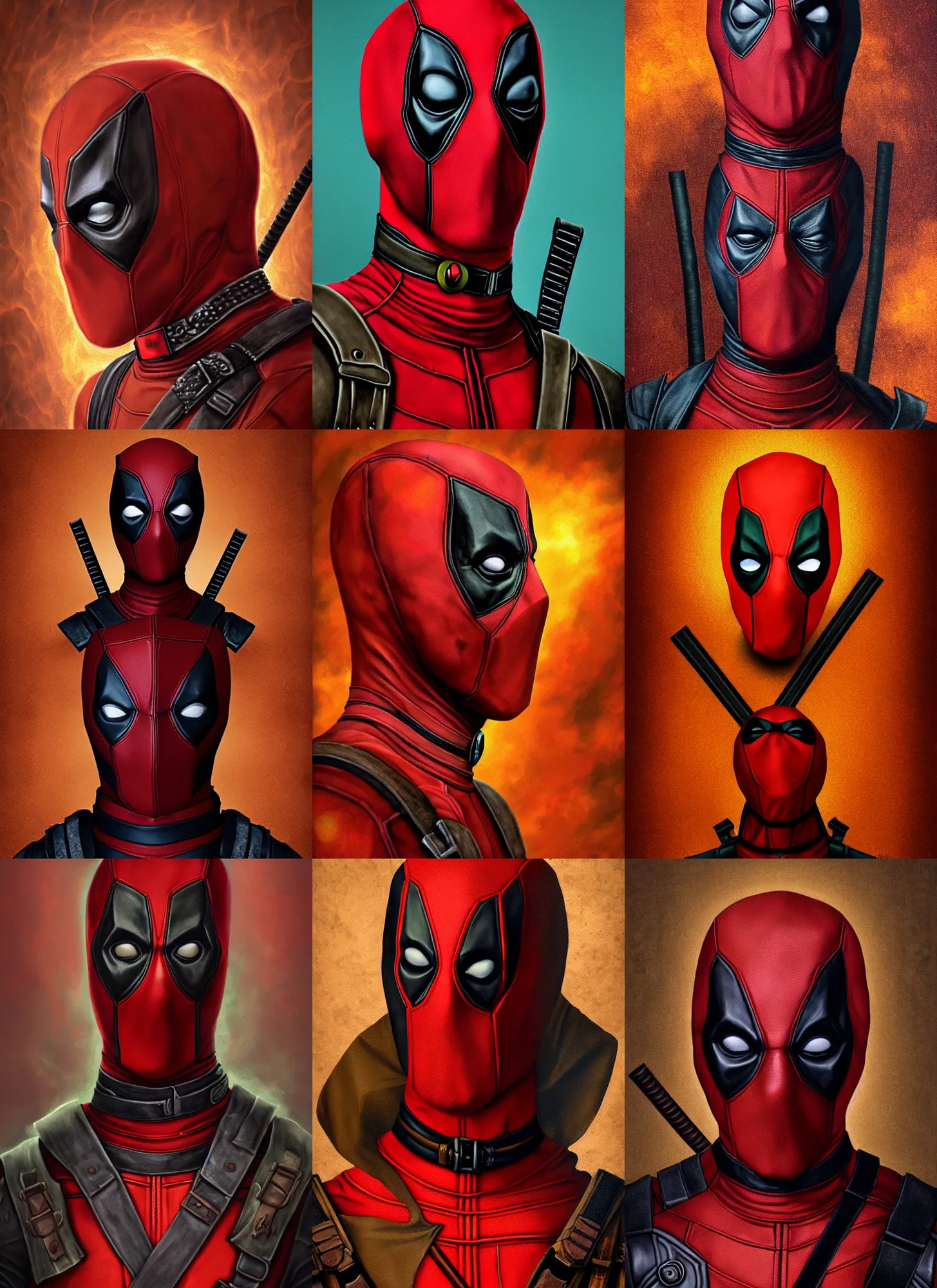 Prompt: renaissance autumnal, deadpool portrait!! a surrealist painting, polycount, behance, surrealism, surrealist, lovecraftian, cosmic horror, grotesque, fantasy, portrait, highly detailed, digital painting, trending on artstation, concept art, sharp focus, illustration, art by michelangelo