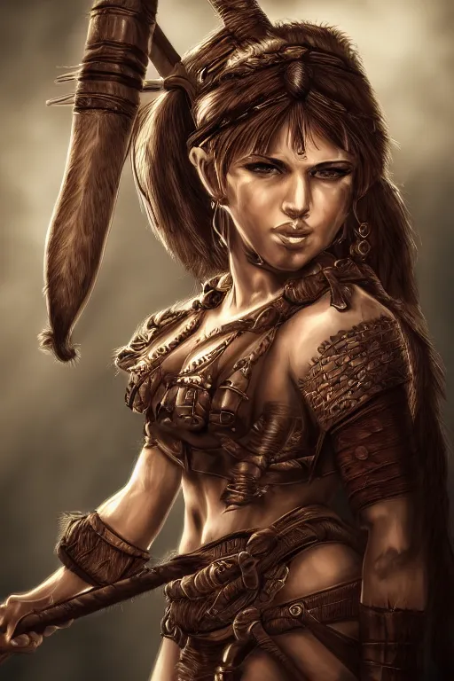 Image similar to portrait of a barbarian female, ultra sharp, very detailed, high quality focus by nixeu