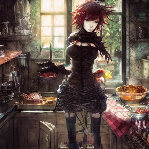 Prompt: goth woman making dinner, color page, tankoban, 4 k, tone mapping, akihiko yoshida, james jean andrei riabovitchev marc simonetti, yoshitaka amano, long hair, curly, h. hydrochaeri