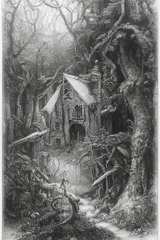 Prompt: a ramshackle multistory fairytale hut in the forest by Gustave Doré