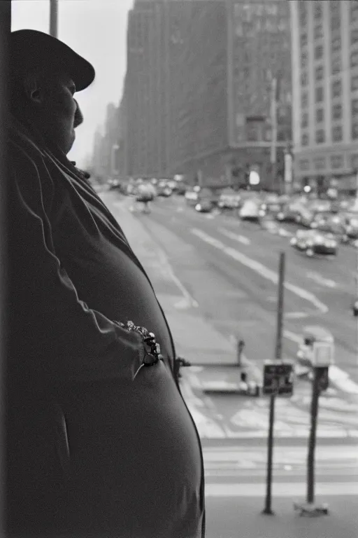 Image similar to close-up photography, fat man looks at bird in New York, soft light, 35mm, film photo, Joel Meyerowitz