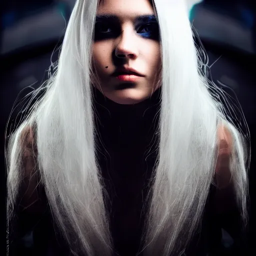 Prompt: portrait of a future cyberpunk character, beautiful female, high fashion, long white hair, stunning face, facing camera, symmetric, dark background and dramatic lighting, cinematic, 5 0 mm lens, low dof