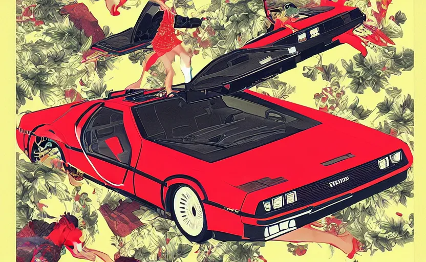 Image similar to a red delorean x a yellow tiger, art by hsiao - ron cheng & utagawa kunisada in magazine collage style,