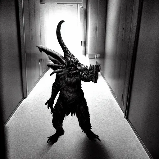 Image similar to grainy photo of a zergling as a creepy monster in a closet, harsh flash