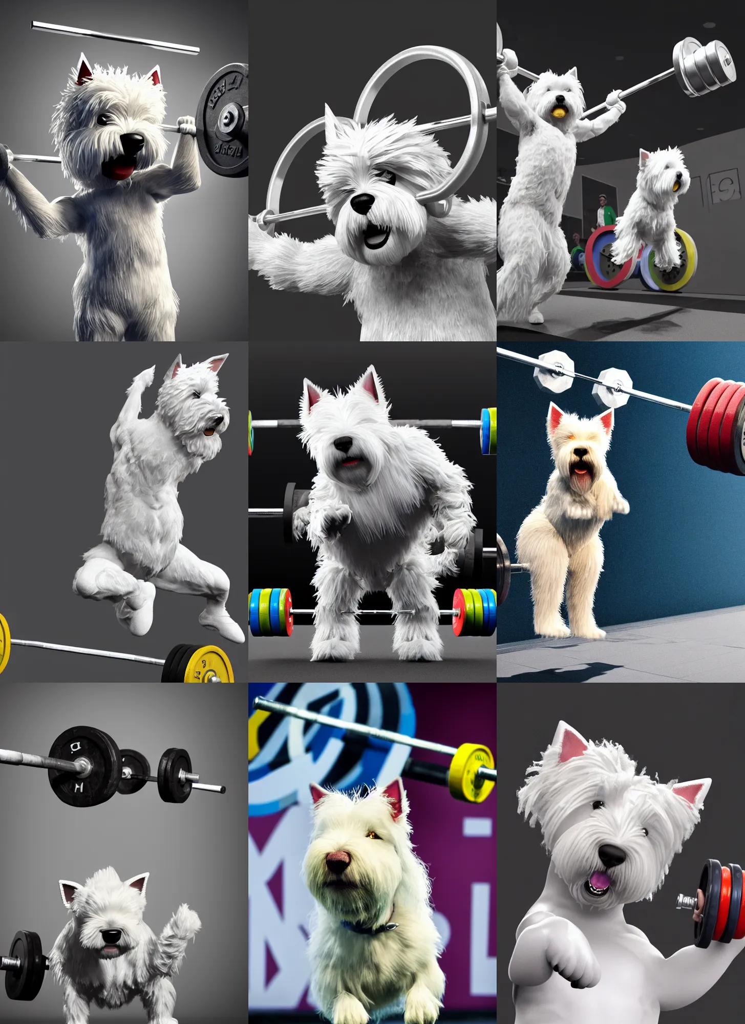 Prompt: high quality photo of an anthropomorphic west highland white terrier weightlifting barbell over it's head in olympic weightlifting competition, 3 d render, photo realistic, epic lighting, concept art, 4 k, artstation, cgsociety