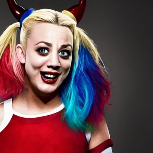 Image similar to A still of Kaley Cuoco portraying Harley Quinn