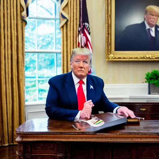 Image similar to candid portrait photo of president trump at his desk eating papers with his bare hands, detailed portrait, 4 k, megapixel, sony a 7 s, f / 8, 2 4 mm lens