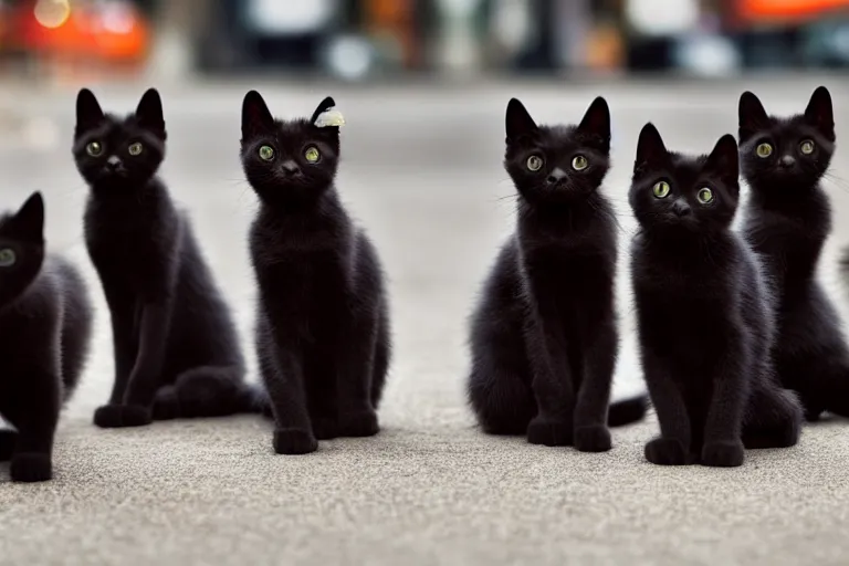 Image similar to a bunch of black kittens with beautiful glowing orange eyes, in the city having a great time, award winning photo, 4k very sharp and detailed
