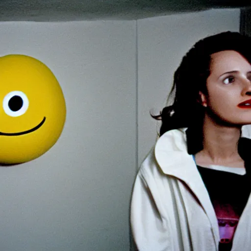 Image similar to still from a 1994 arthouse film about a depressed woman dressed as an inflatable smiley who meets a handsome younger man in a seedy motel room, color film, 16mm soft light, weird art on the wall