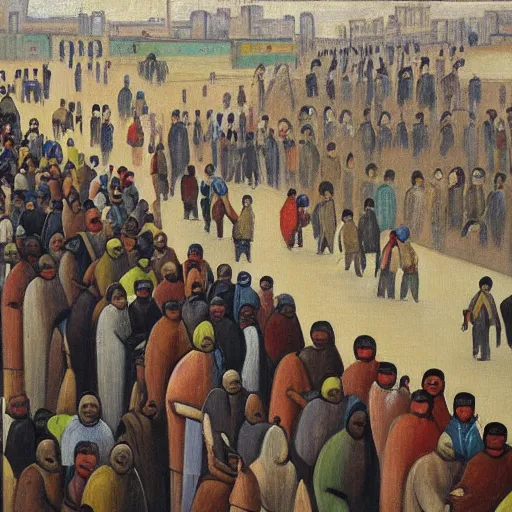 Prompt: painting of egyptian commuters heading to the central business district of cairo, painted by laurence stephen lowry, oil on canvas, national gallery