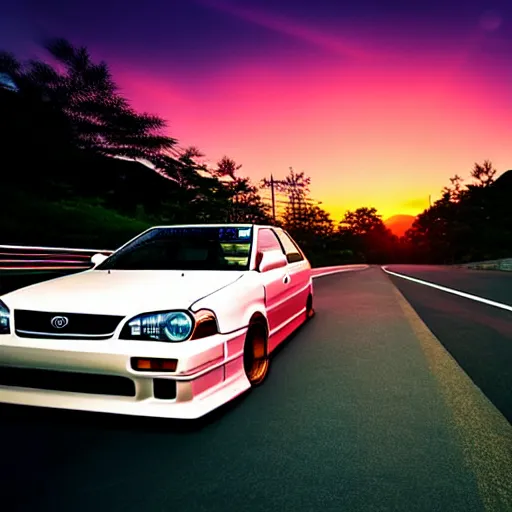 Image similar to a car drifting Toyota JZX100 in middle of road, gunma prefecture, city sunset, cinematic color, photorealistic, highly detailed, bokeh