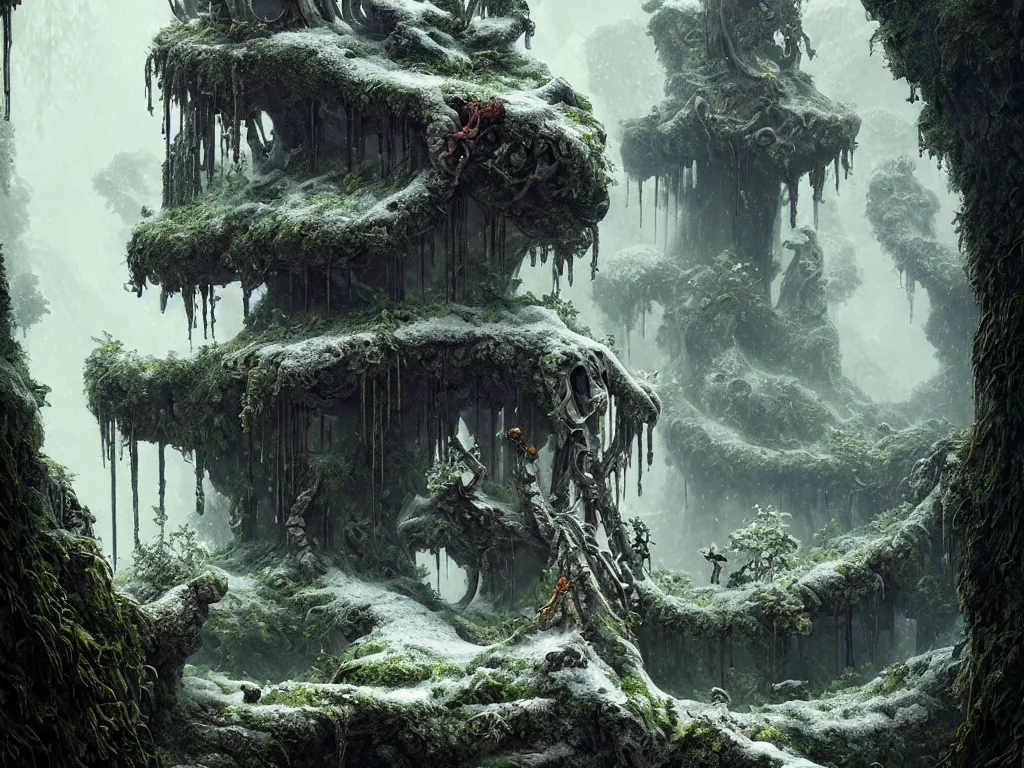 Image similar to ancient fallen god, lush trunda vegetation, snow :: by Michal Karcz, Daniel Merriam, Victo Ngai and Guillermo del toro :: ornate, dynamic, particulate, intricate, elegant, highly detailed, centered, artstation, smooth, sharp focus, octane render, 3d