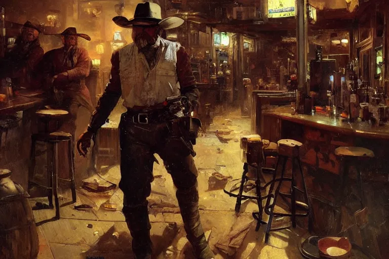 Image similar to oil painting of old rugged robot bounty hunter in a bar fight in dusty wild west town, art by anders zorn, wonderful masterpiece by greg rutkowski, beautiful cinematic light, american romanticism by greg manchess, jessica rossier and norman rockwell