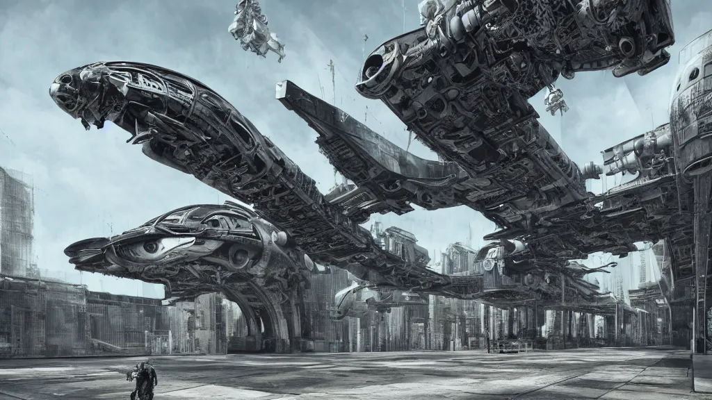 Image similar to organic mechanical metal osprey aircraft, giger influenced with ornate intricate details, landed on futuristic brutalist concrete heliport, ornate buildings with white and blue flowers, with cyborg female soldiers wearing stealth transparent clothing, daytime, wet floor on streets, matte painting, unreal engine, cinematic camera, mirrors edge,