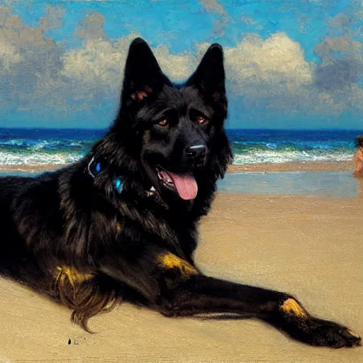 Image similar to a portrait of a black german shepard dogman canine lying at the beach in a swimsuit. highly detailed painting by gaston bussiere craig mullins jc
