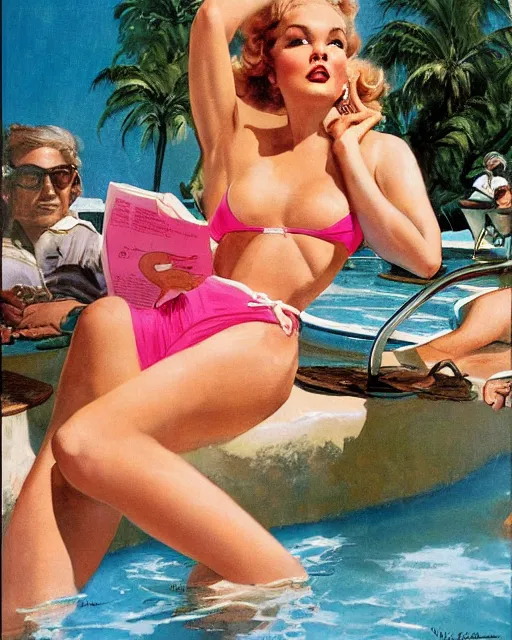 Image similar to tuesday weld in a pink bikini, tuesday weld half immersed in water in a palm springs midcentury swimming pool by gil elvgren, by mort kunstler, by earl norem