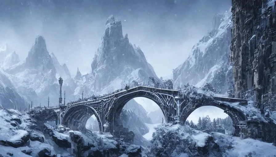 Prompt: Neo-Gothic built in snowy mountains connected by bridges, hyperdetailed, artstation, cgsociety, 8k