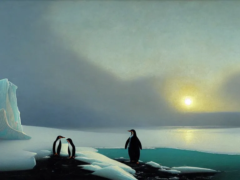 Image similar to an oil painting of a penguin next to a frozen ocean and a misty glacier at dusk. aurora. by tuomas korpi moebius and carl spitzweg. baroque elements. intricate artwork by caravaggio. oil painting. oil on canvas. award winning. dramatic. trending on artstation. 8 k