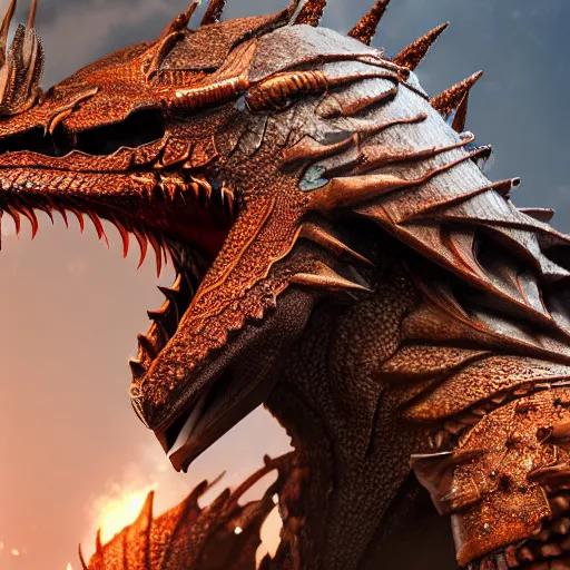 Image similar to highly detailed realistic stunning close up shot of a beautiful anthropomorphic female knight but as a hot dragon, doing a majestic pose, well designed female dragon head, armor made of steel, sharp claws, HD octane render, epic cinematography, fantasy, Artstation, Deviantart, Furaffinity