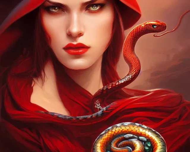 Image similar to red hat wizard woman with snakes in her dark hair, hydra, deep focus, d & d, fantasy, intricate, elegant, highly detailed, digital painting, artstation, concept art, matte, sharp focus, illustration, hearthstone, art by artgerm and greg rutkowski and alphonse mucha